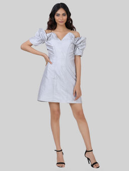 Attic Salt - Hot Head Ruching Grey Off-Shoulder Mini Dress