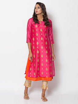 Biba - Pink Printed Kurta With Inner Slip (Set of 2)