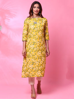 Biba - Mustard Floral Kurta And Mask (Set of 2)