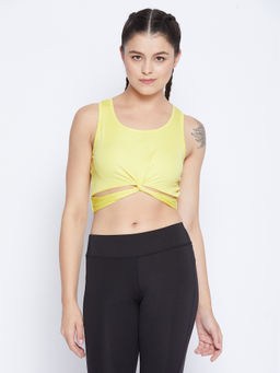 Clovia - Snug Fit Yellow Active Crop Top with Twist Knot