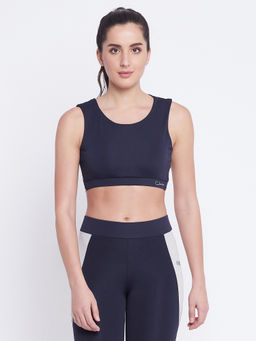 Clovia - Comfort-Fit Active Colour block Active Crop Top in Navy with Cut-Out Detail on Back-Blue