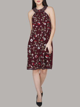 Attic Salt - Maroon Jewel Neck Dress