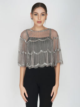 Attic Salt - Beige Three Tier Design Tulle Shrug