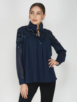 Attic Salt - Navy Blue Sequins Yoke Top