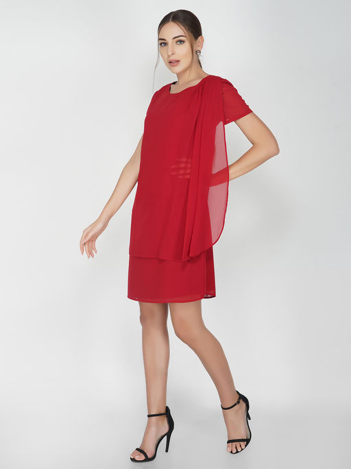 Buy Attic Salt Red Shoulder Pleated Solid Dress Online