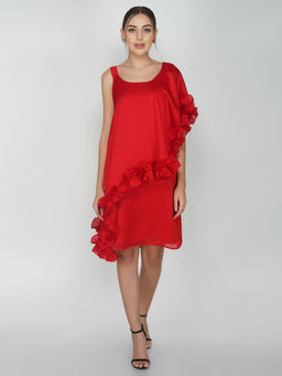 Attic Salt - Red Ruffled Satin Finish Georgette Dress