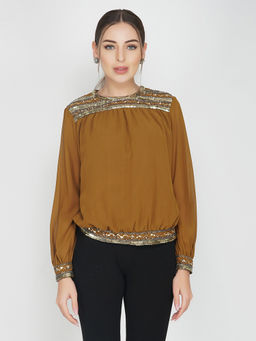 Attic Salt - Olive Yoke & Hem Sequin Top