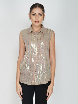 Attic Salt - Beige Embellishment Sleeveless Collar Top