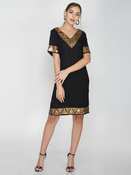 Attic Salt - Black Antique Brass Sequins Border Dress