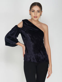 Attic Salt - Navy Blue One Shoulder Velvet Top