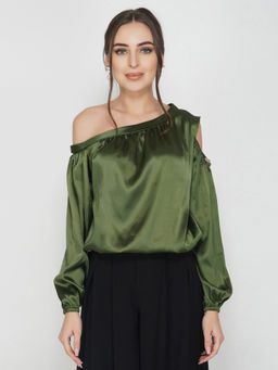 Attic Salt - Olive Satin One Shoulder Solid Top