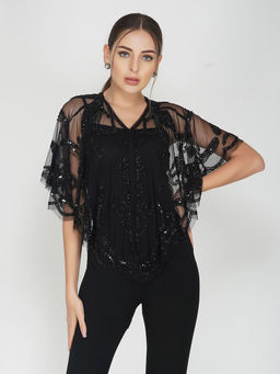 Attic Salt - Black Floral Design Tulle Shrug