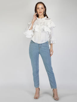 Attic Salt - White Satin Ruffle Top