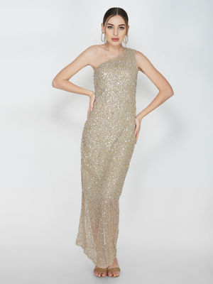 one shoulder multi sequin dress