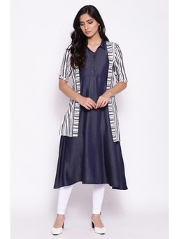 Aurelia - Off-white Shirt Collar Yarn-dyed Kurta-gilet (set Of 2)