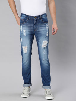Urbano Fashion - Men Blue Slim Fit Heavy Distressed/Torn Jeans