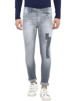Urbano Fashion - Men Light Grey Patched Slim Fit Washed Jeans Stretchable