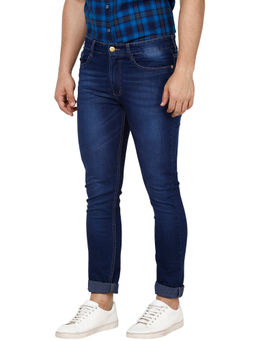 Urbano Fashion - Men Dark Blue Whisker Washed Slim Fit Jeans
