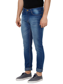 Urbano Fashion - Men Blue Whisker Washed Slim Fit Jeans