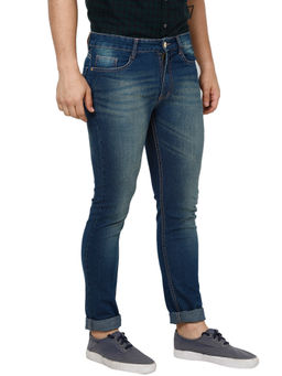 Urbano Fashion - Men Blue Whisker Washed Slim Fit Jeans