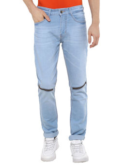 Urbano Fashion - Men Ice Blue Slim Fit Zippered Jeans Stretch