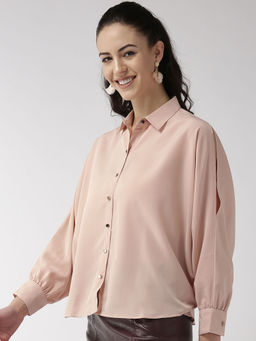 Style Quotient - Women Peach-coloured Solid Contemporary Fit Casual Shirt