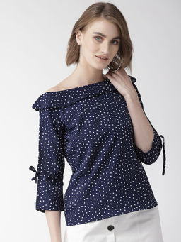 Style Quotient - Navy & White Polk Dot Print Bardot Top
