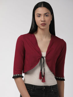 Style Quotient - Women Maroon Solid Tie-up Crop Shrug