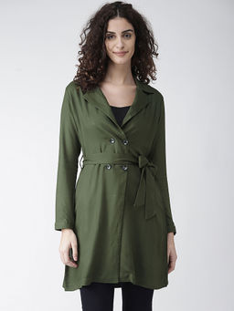 Style Quotient - Women Solid olive viscose rayon smart casual Trench Coat