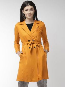 Style Quotient - Women Solid Mustard Yellow viscose rayon smart casual Trench Coat
