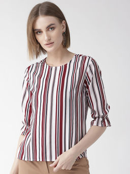 Style Quotient - Women White And Multi Stripe Printed Polyester Smart Casual Top
