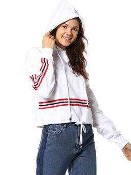 PINACOLADA - White Solid Crop Hooded Sweatshirt