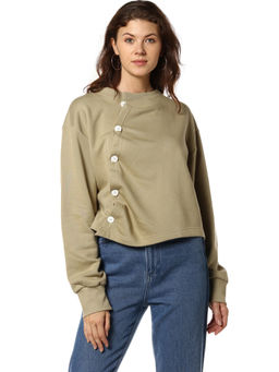 PINACOLADA - Olive Solid Front Side Button Sweatshirt