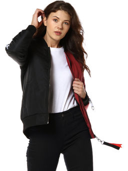 Campus Sutra - Black Front Zip Sleeve Striped Stylish Jacket