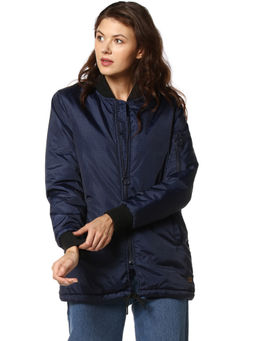 Campus Sutra - Navy Blue Front Zip Open Stylish Winter Jacket
