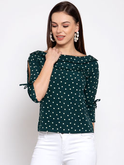 Style Quotient - women Green and White polka printed polycrepe smart casual top