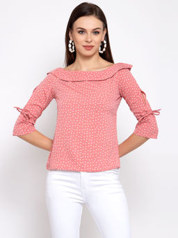 Style Quotient - women Pink and White polka printed polycrepe smart casual top