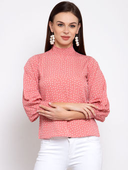 Style Quotient - Womens Coral and White Printed Puff Sleeves Crepe Top