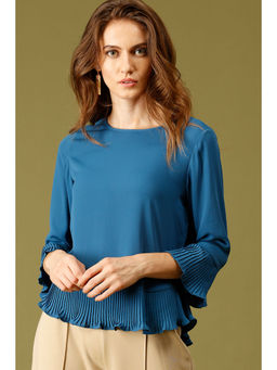 Gipsy - Teal Blue Medium Length Round Neck Polyester Top