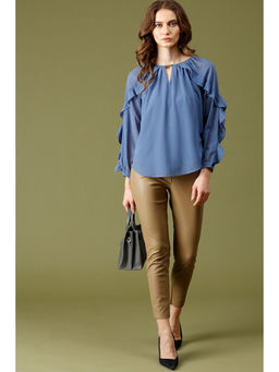 Gipsy - Blue Grey Medium Length Keyhole Neck Polyester Top