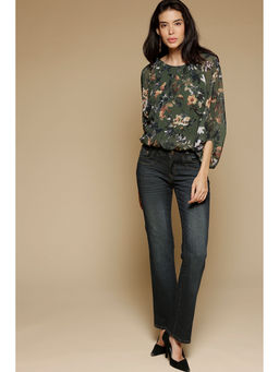 Gipsy - Olive Medium Length Round Neck 3/4th Sleeves Printed Georgette Top