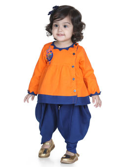 BownBee - Mor Embroidery Top Dhoti For Girls-Orange (Set of 2)