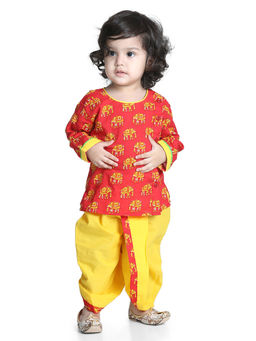 BownBee - Hathi Print Infant Cotton Dhoti Kurta-Red (Set of 2)
