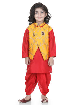 BownBee - Attached Jacket Jacquard Dhoti Kurta-Yellow (Set of 3)