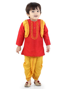 BownBee - Attached Jacket Dhoti Kurta For Boys-Red (Set of 2)