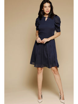 Gipsy - Navy Blue Above Knee Length Keyhole Neck Polyester Chiffon Dress