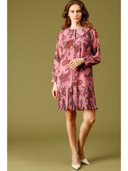 Gipsy - Dusky Pink Knee Length Peter Pan Collar Long Sleeves Printed Polyester Dress