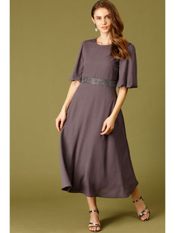 Gipsy - Dark Grey Midi Length Round Neck Polyester Dress