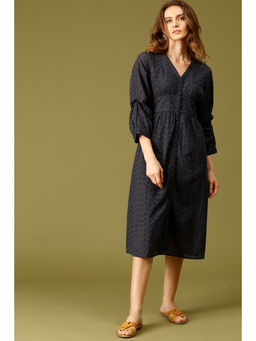 Gipsy - Navy Midi Length V-neck Cotton Dress