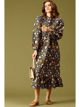 Gipsy - Navy Blue Midi Length Choker Neck Long Sleeves Floral Print Rayon Dress